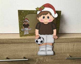 Boy footballer christmas card, footballer, maroon top, 3d on the shelf card and envelope