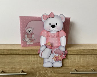 New Baby girl bear, birthday card, decoration, keepsake, on the shelf card and envelope, congratulations, new parents,
