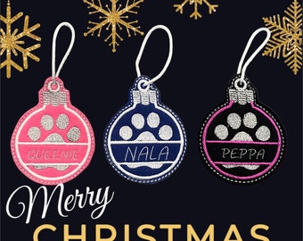 Personalised, embroidered bauble paw print Christmas tree felt decorations