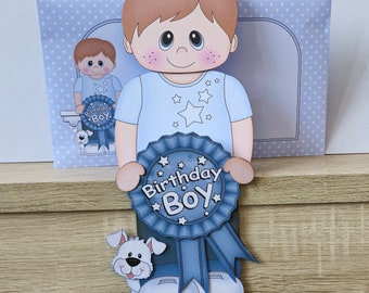 Birthday boy, rosette, birthday card, happy birthday, 3d on the shelf card and envelope