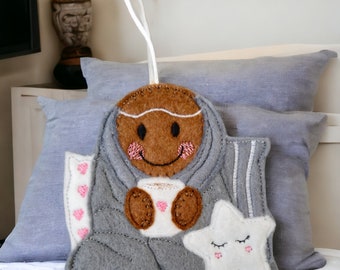 Snuggle blanket and Hot chocolate before bed,  gingerbread lady,  ready for bed,  hanging decoration, tree decoration, Christmas, birthday,