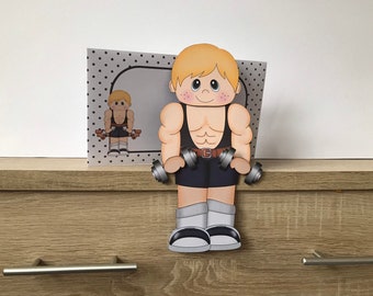 Male weight lifter birthday card, blonde haired man, decoration, keepsake, on the shelf card and envelope