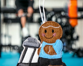 Treadmill, running machine with gingerbread man exercising on it, hanging decoration, gift, tree decoration, Christmas, birthday,