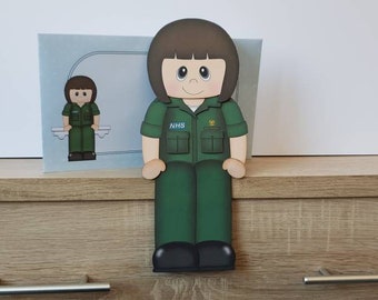 Brown haired NHS paramedic, birthday card, mum, sister, daughter, cousin, auntie, friend, 3d on the shelf card and envelope, female