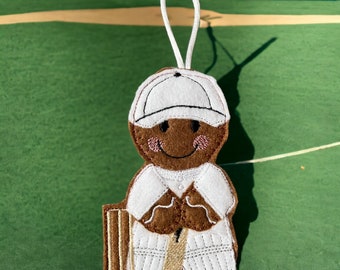 Cricket player gingerbread man hanging decoration, gift, tree decoration, Christmas, birthday, retirement