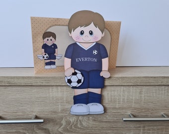 Unusual football boy birthday card, blue, chelsea, everton, happy birthday, 3d on the shelf card and envelope,