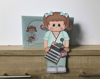 Younger lady, Female doctor/nurse/hca, birthday card, get well, thank you, congratulations, 3d on the shelf card and envelope