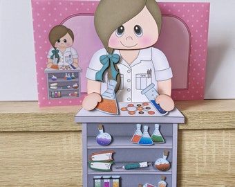 Lab worker, scientist, birthday card, 3d on the shelf card and envelope