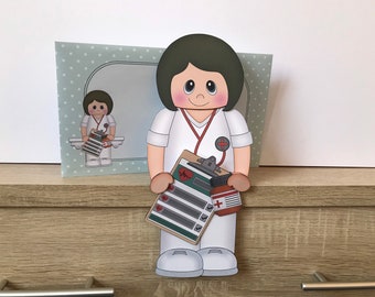 Female doctor/nurse/hca, brown hair, birthday card, get well, thank you, congratulations, 3d on the shelf card and envelope