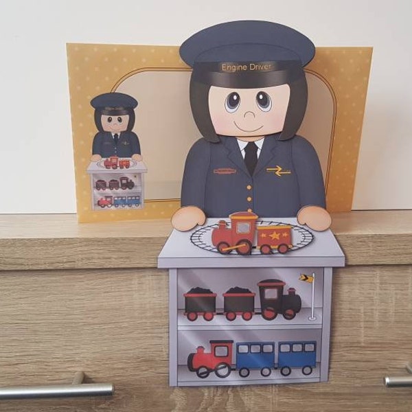 Unusual Train driver card, railway worker, trains, driver, female,  birthday card, happy birthday, 3d on the shelf card and envelope