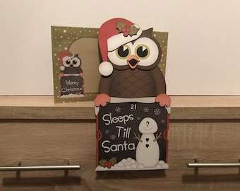 Owl in Red, christmas owl sleeps till Santa card and envelope, Christmas countdown, advent