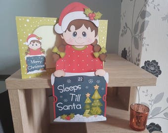 Brown haired girl, sleeps til santa, countdown, advent, decoration, keepsake, on the shelf card and envelope