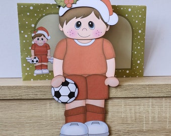 Boy footballer in red kit or blue kit Christmas card, christmas keepsake, christmas decoration, 3d on the shelf christmas card and envelope