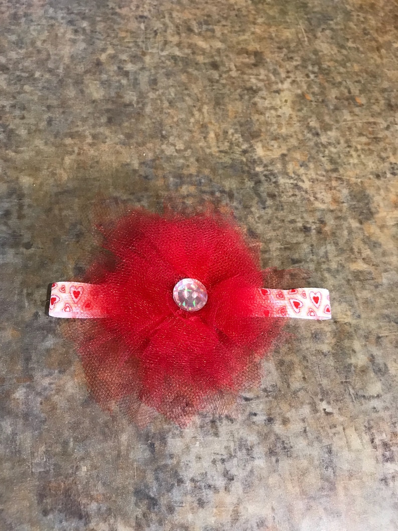 Red tulle flower baby headband with heart fold over elastic
