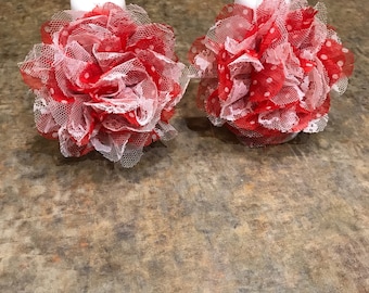 Red polka dot fabric flowers with white lace barefoot sandals