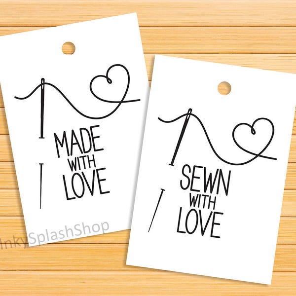 Sewn with Love tags printable. Made with Love product tags. Gift tags for handmade items. Business tags for sewing, crochet, quilt packaging