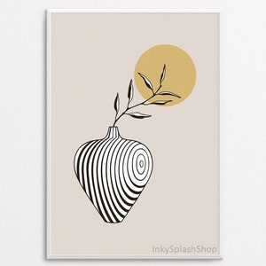 Florero Hojas Impresión de arte Planta abstracta Imprimible Boho Decoración del sol Cerámica moderna arte de la pared Cartel botánico Colores neutros de la Tierra Descarga digital