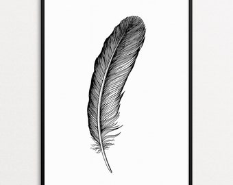 Feather PRINTABLE art Boho Bedroom wall decor Black Bird feather ink drawing Nature print Rustic home decor Minimalist poster Download