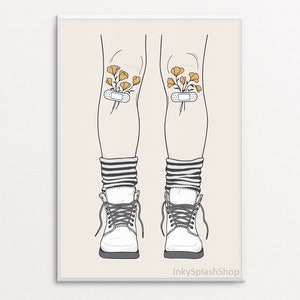 Blumen Mädchen Kunst Beine Druck Download Boho Frau Zeichnung Heilung & Selbstpflege Wand Kunst Alternative Mode Poster Grunge Stiefel Teen Zimmer Dekor