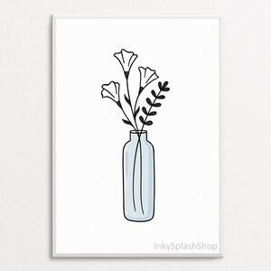 Blumen in Vase Wand Kunst druckbare einfache Blumendruck schwarz weiß & pastell blau Raumdekor Zarte Wildblumen Zeichnung Minimalist home art