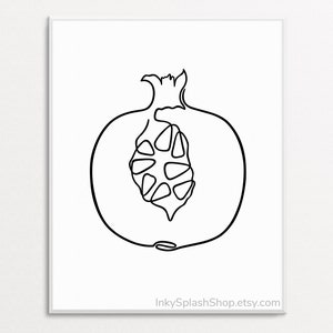 Pomegranate one line drawing Minimalist fruit print Black & white kitchen wall decor Simple Dining room food poster Continuous line artwork
