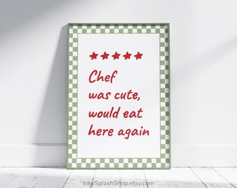 Funny Chef Review Print - Sage Green & Red Modern Retro Kitchen Poster Download