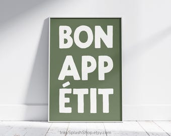 Bon appetit print Download. French kitchen decor. Sage green aesthetic wall art. Typography poster
