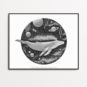 Space whale art printable. Surreal celestial ink drawing. Flying cosmic humpback whale whimsical illustration