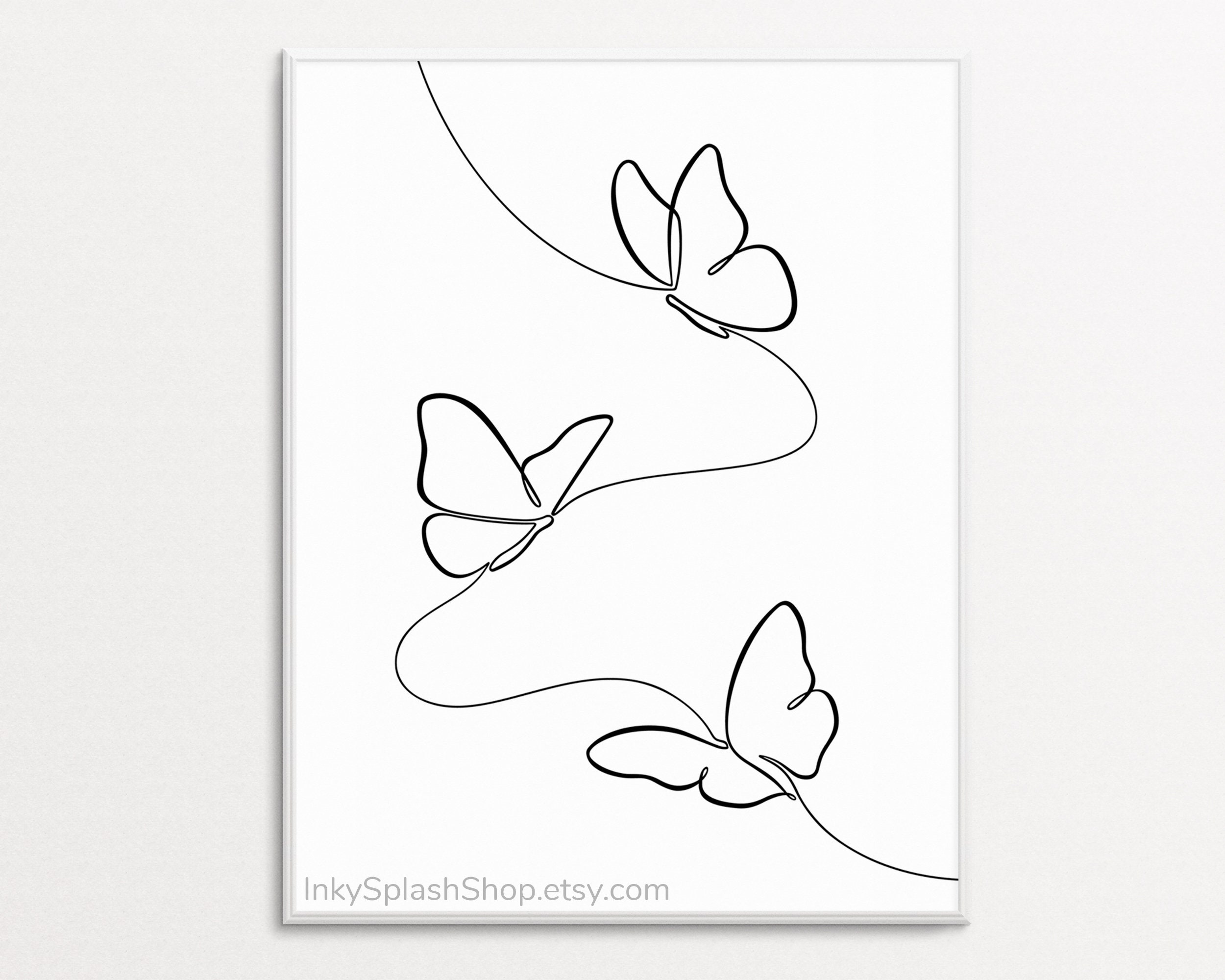 Butterfly one line art printable Three flying butterflies continuous line drawing Minimalist print Modern Black white wall decor Download