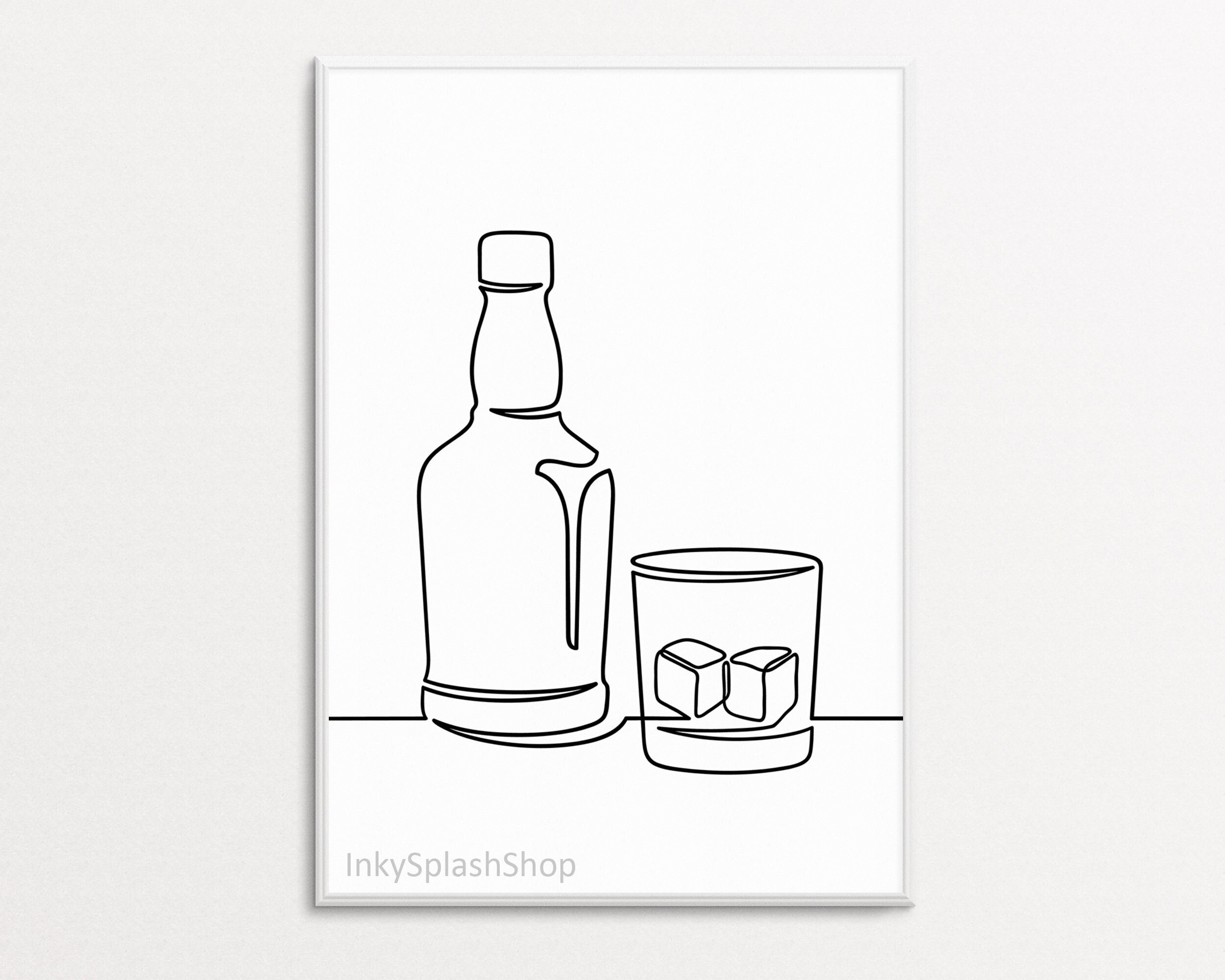 Whiskey Glass and Bottle Line Art Printable Modern Alcohol Etsy