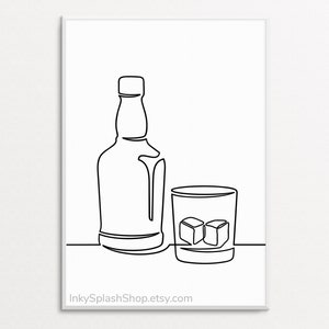 Whiskey glass and bottle one line art printable Modern alcohol poster Home Bar wall decor Man cave Scotch print Minimalist Kitchen drawing