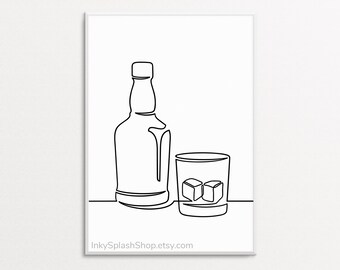 Whiskey one line art printable. Modern print for Kitchen, Home Bar, Man cave decor