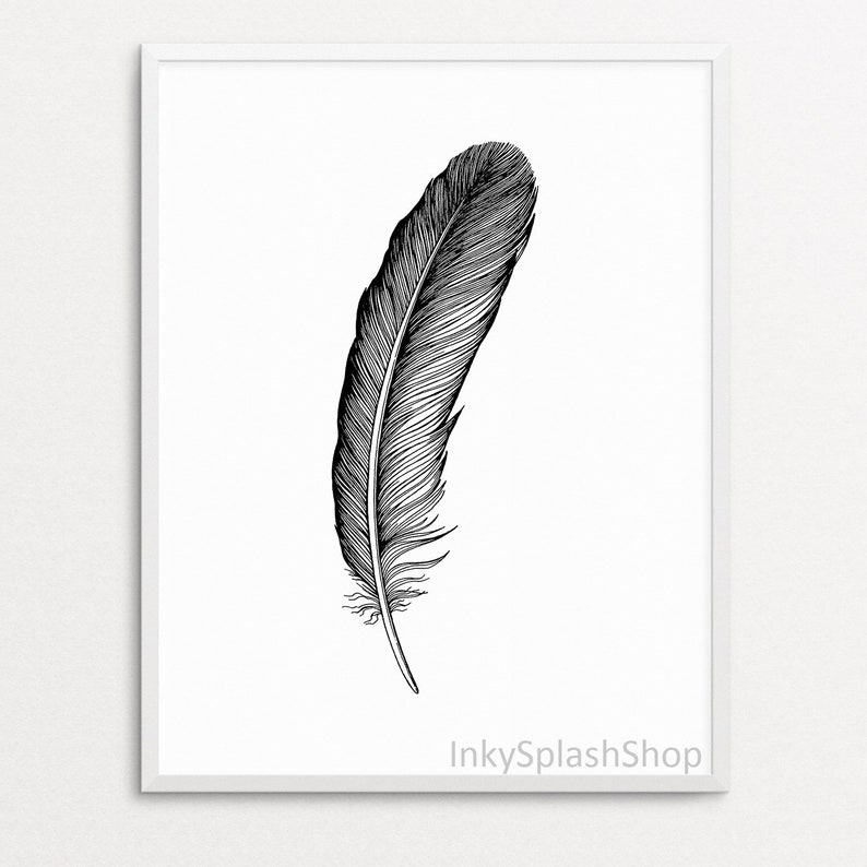 Feather PRINTABLE Art Boho Bedroom Wall Decor Black Bird Feather Ink ...