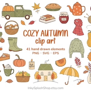 Cozy Autumn clip art bundle. Hand drawn fall doodles pack. Hygge season illustrations. SVG, PNG, EPS. Pumpkins, leaves, harvest images