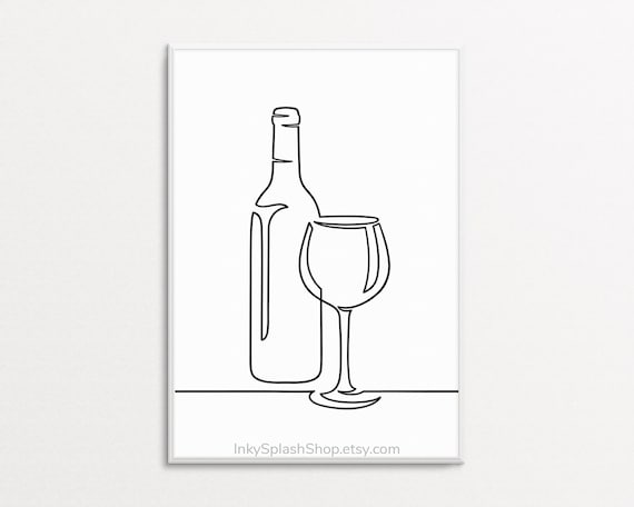 Minimalist Wine art printable Glass & bottle one line drawing Kitchen wall decor Alcohol drink poster Simplistic Dining room, Home Bar print
