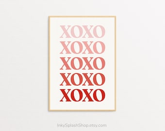 Xoxo typography art. Red and pink retro 70s poster download. Trendy Y2k aesthetic preppy room decor. Positive print