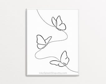 Butterfly One Line Art - Minimalist Print with Three Flying Butterflies Drawing, Download