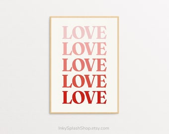 Trendy Love wall art. Red typography print. Pink Y2k preppy aesthetic dorm room decor. Retro 70s text poster printable
