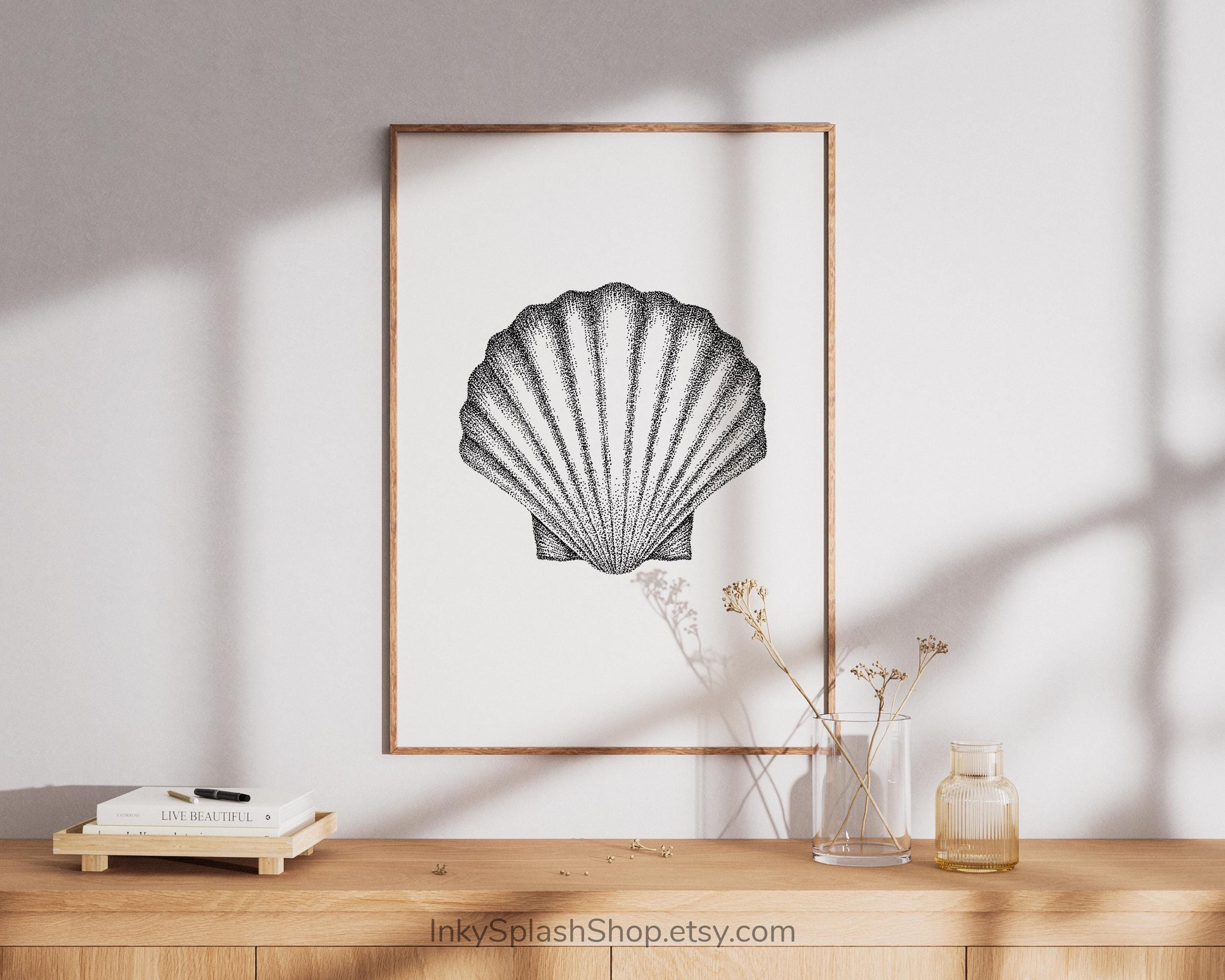 Shell Stipling Seashell Printable Wall Art – Minimalist Black & White Coastal Decor ...