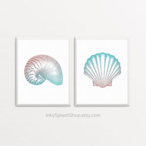Set of 2 seashell dotwork prints Coastal printable wall art Nautical bathroom decor Blue & pink beach home artwork Sea life pointillism art
