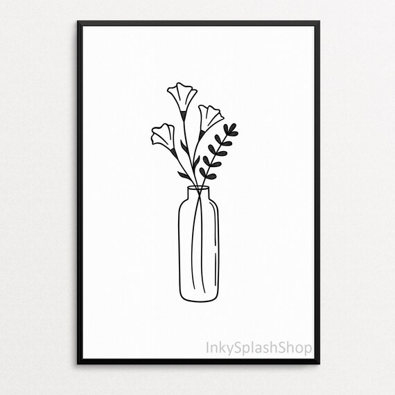 Flowers In Vase Wall Art Printable Simple Floral Print Black And White Room Decor Minimalist Home Art Wildflower Poster Botanic Ink Drawing