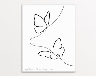 Impression papillon minimaliste Deux papillons volant art en ligne continue imprimable Dessin nature simple Décoration contemporaine Télécharger
