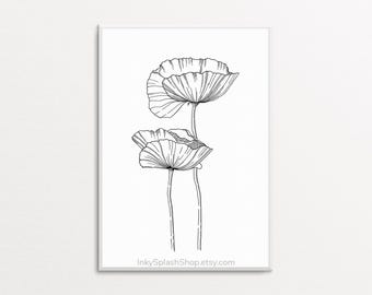 Mohnblumen Kunstdruck Zwei Mohnblumen Tuschezeichnung druckbare minimalistische Linie Kunst Hauswanddekor schwarz weiß botanische Kunstwerke zum Downloaden