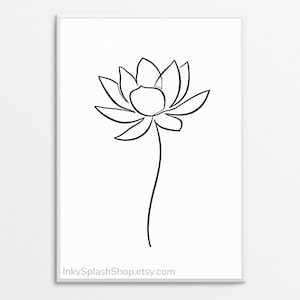 Dibujo lineal de flor de loto, delicado arte de pared imprimible, estampado floral abstracto en blanco y negro, póster de naturaleza simplista, decoración minimalista de spa para baño.