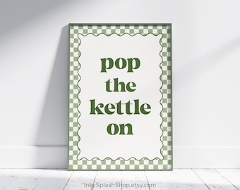 Pop the kettle on printable wall art. Sage green retro kitchen decor. Tea lover poster