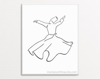 Whirling Dervish art print Dancing Sufi one line art Printable Modern Islamic wall art Semazen minimal drawing Spiritual home decor Download