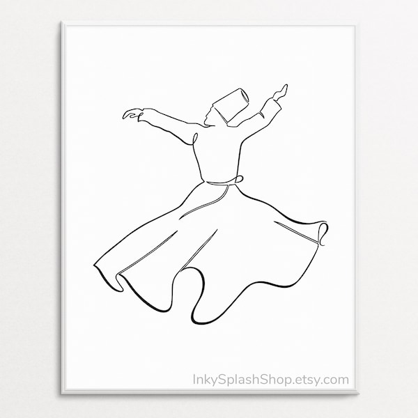 Whirling Dervish art print Dancing Sufi one line art Printable Modern Islamic wall art Semazen minimal drawing Spiritual home decor Download