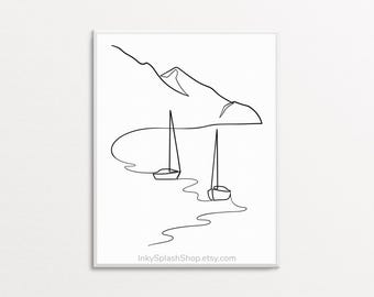 Sailboats One Line Art – Abstract Minimalist Sea and Mountains Landscape Print Download