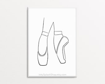 Minimalist Ballet Pointe Shoes Line Art Print, Digital Download