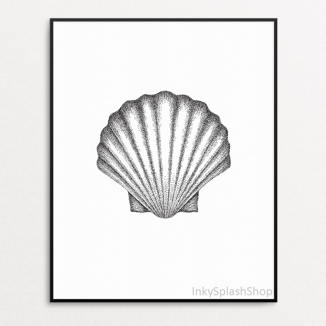 Seashell Printable Wall Art Black &amp; White Scallop Shell Drawing Print ...